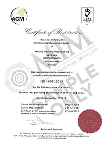 Certificate of Registration for compliance to ISO 14001:2015